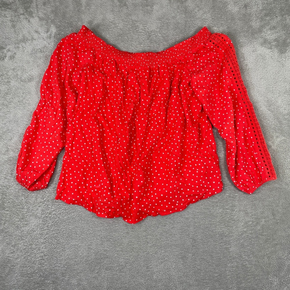 Maurices Top Womens XL Red Polka Dot Off The Shoulder‎ Eyelet Sleeve Rayon Boho